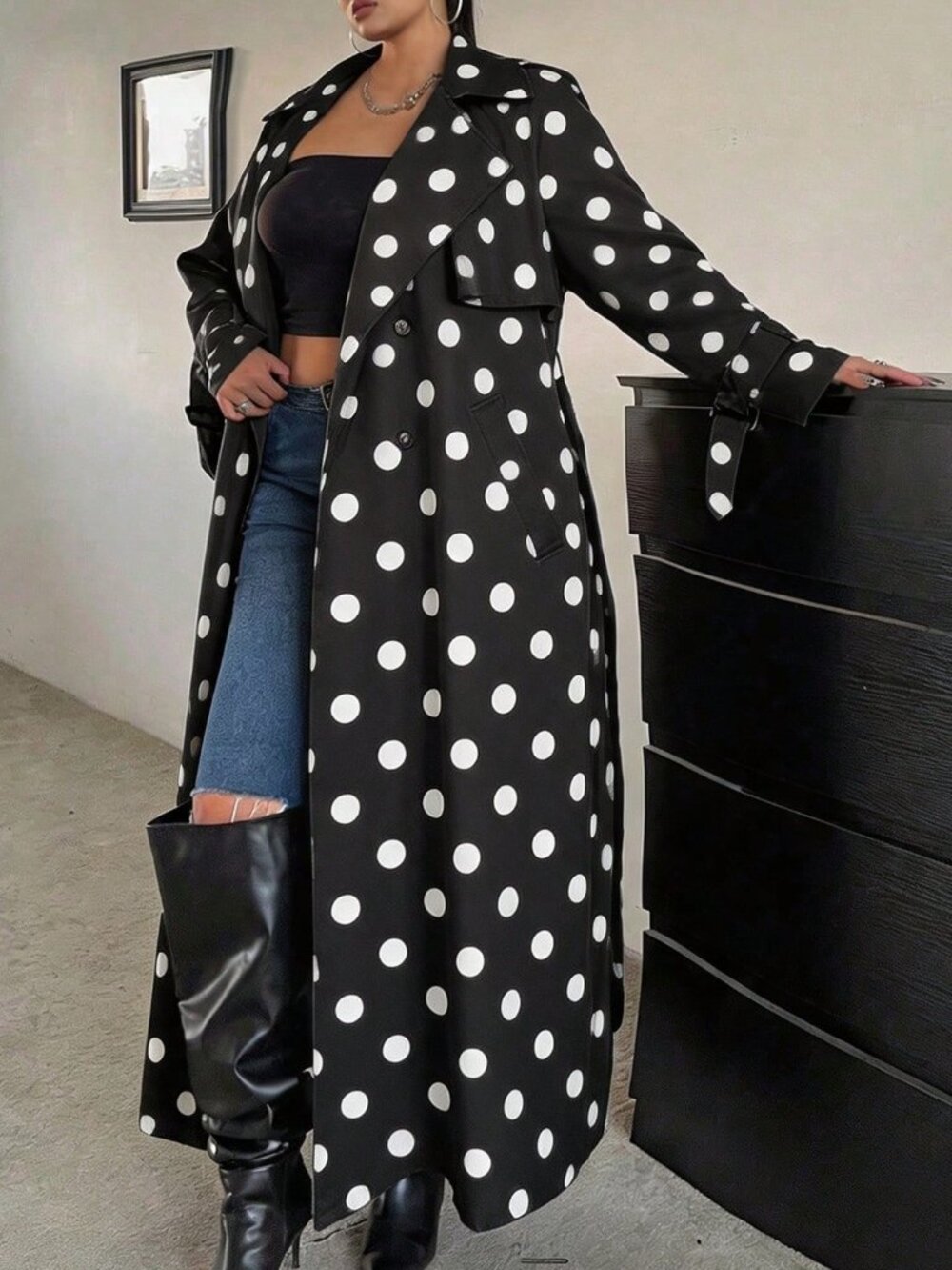 Multicolor Casual Women's Polka Dot Trench Coat Jacket